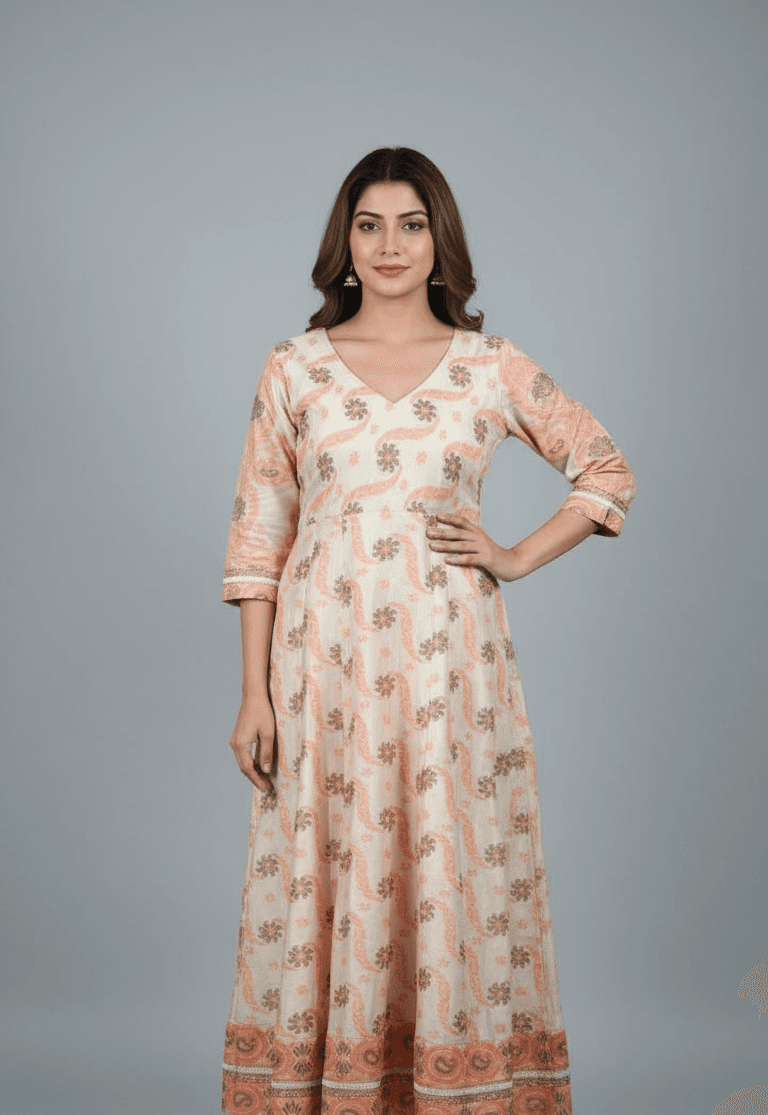 Peach and off white Banarasi Angrakha Anarkarli